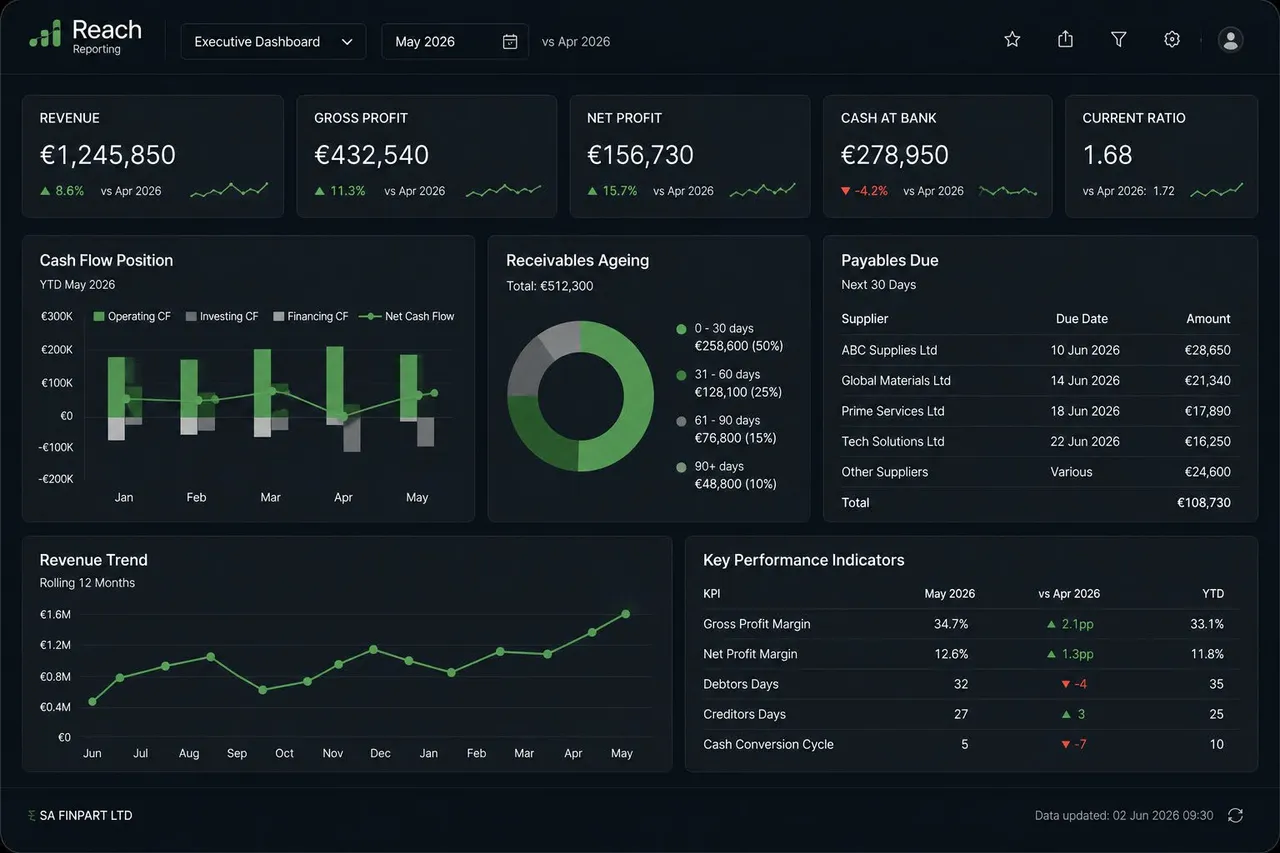Management dashboard showing revenue, cash flow and KPI metrics